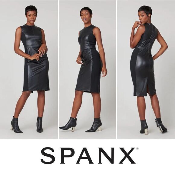 SPANX Women's Black Leather Like Sleeveless Mixed Media‎ Sheath Dress NWT Size L - Picture 1 of 11